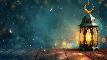 Diamont shape ramadan lantern and golden crescent moon in background
