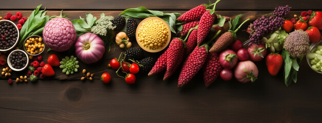 Wide view from above banner image of Vegetarian Day food banner with different types of vegetables and fruit items in a manner on light color wooden table background mockup