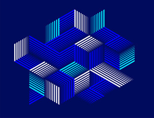 Dark blue vector abstract geometric background with cubes and different rhythmic shapes, isometric 3D abstraction art displaying city buildings forms look like, op art.