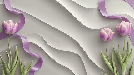 background with purple ribbon and tulip flowers on a gray concrete background. Celebrating International Women's Day.