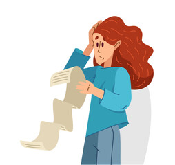 Young woman in trouble have a very long list to do, vector illustration of a stressed girl with long checklist, may be used as a long bill or check.
