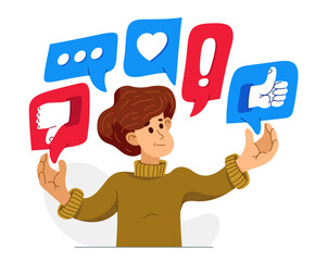 Young man is choosing between different reactions in social media, vector illustration of a person in doubt between different responses when communicating online.