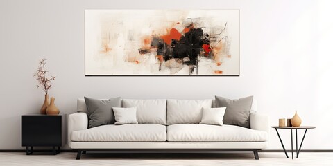 Minimal home interior with comfortable sofa against white wall and abstract art, copy space.