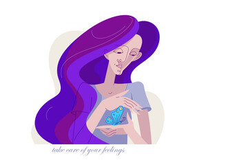 Dealing with a feeling, young woman holding a bird as a metaphor of a feeling and takes care of it, emotions concept, let it go.