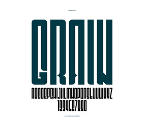 Geometric condensed sans serif typeface, vector tall and massive simple minimal font, poster and advertising letters and numbers alphabet for logos headers or slogans.