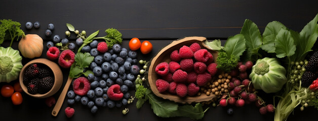 Wide flat lay view banner image of vegetarian day food banner with different types of vegetables and fruit items in a manner on dark wooden color table mockup