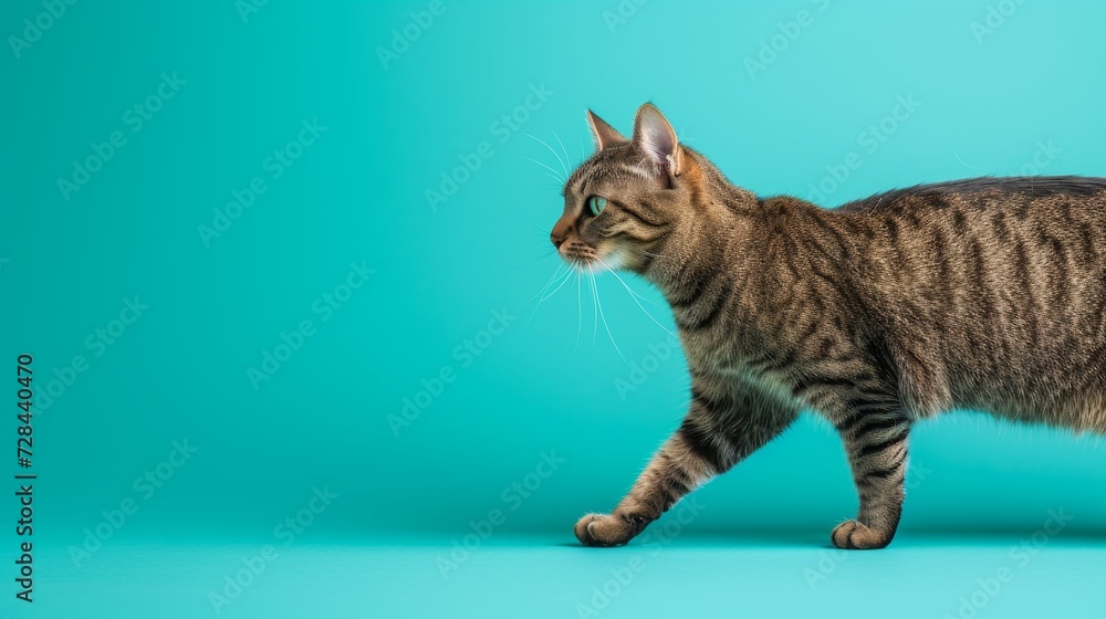 Poster graceful fluffy cat walking on a pastel solid color background with copy space for text placement