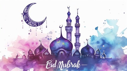 Ramadan eid mubarak, ramadan holiday with mosque and halft moon, eid mubarak written below