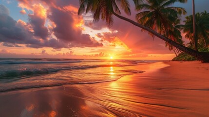 Amazing sunset on the beach with palm trees