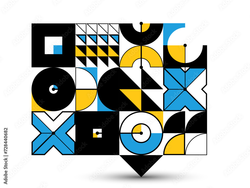 Poster bauhaus style abstract geometric vector background with circles triangles and lines, geometrical abs