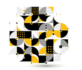Abstract geometric vector modular background, retro 70s modernism style pattern, modular tiles with dots, spotty pattern with circles squares and triangles.