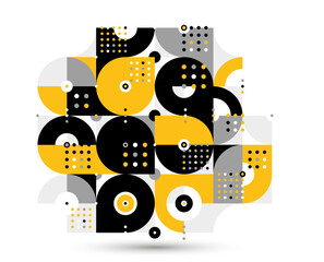 Abstract geometric vector modular background, retro 70s modernism style pattern, modular tiles with dots, spotty pattern with circles squares and triangles.