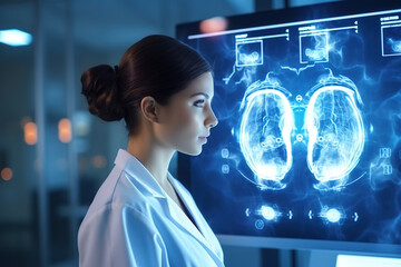 Portrait of female medical radiologist doctor looking at head and brain x-ray images in lab office at hospital.