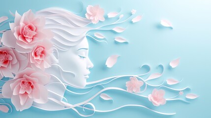 Illustration of a woman's face and flowers in paper style, on a blue background with space for International Women's Day and the 8th March holiday.