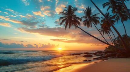 Fototapeta na wymiar Amazing sunset on the beach with palm trees