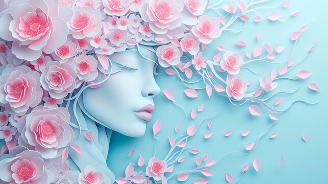 Illustration of a woman's face and flowers in paper style, on a blue background with space for International Women's Day and the 8th March holiday. © DZMITRY