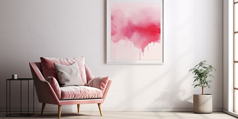Poster against wall in cozy living room with pink and red armchair and pillows on settee.