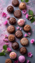 Fototapeta premium Handmade natural chocolate candies showcased on a wooden background.