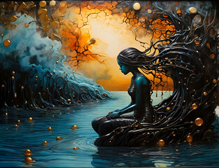 Mountain sunset Stream Cascading Waterfall Landscape Man Paper Cut  Wallpaper Background Illustration.Generative AI