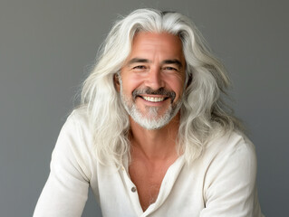Attraktiver älterer Mann mit langen weißen Haaren lächelnd vor grauem Hintergrund - obrazy, fototapety, plakaty