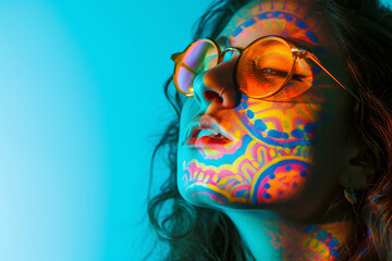 young caucasian hippie woman with colorful painted makeup, eclectic, earthcore style on blue