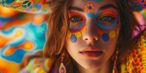 young caucasian hippie woman with colorful painted makeup, eclectic, earthcore style, blurred rainbow patterns