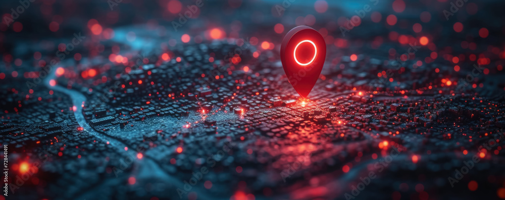 Poster red map pin on cityscape network connection, gps navigation technology