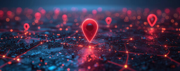 Red map pin on cityscape network connection, GPS navigation technology