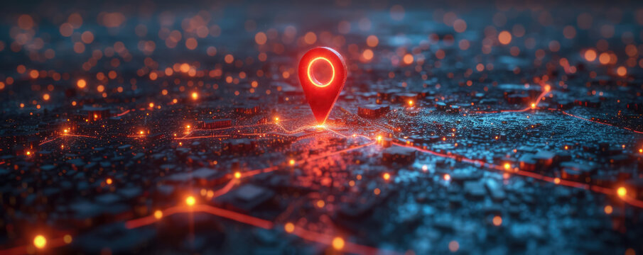 Red map pin on cityscape network connection, GPS navigation technology - Powered by Adobe