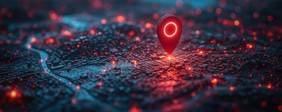 Red map pin on cityscape network connection, GPS navigation technology