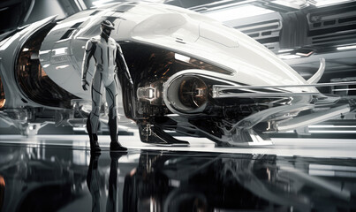 Futuristic spaceship parked in the hangar