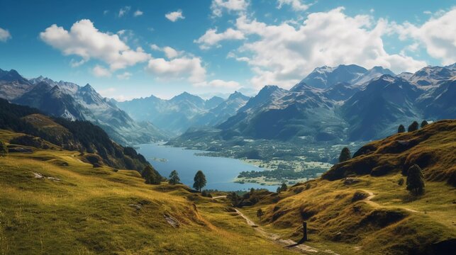 realistic photo Mountain landscape with hiking trails and beautiful lake views. generative ai