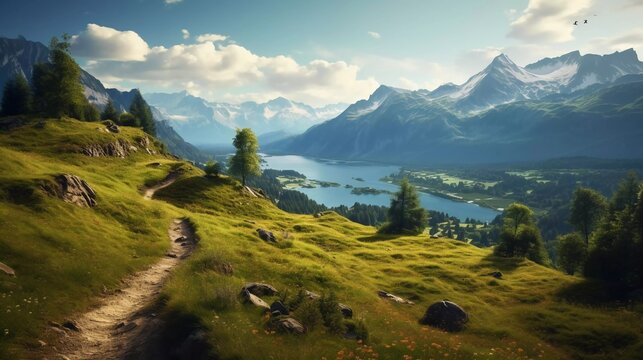 realistic photo Mountain landscape with hiking trails and beautiful lake views. generative ai