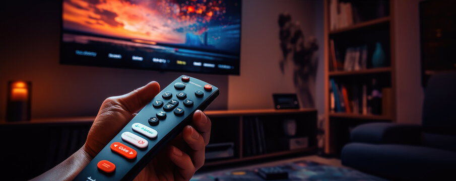 Man hand switches the TV channels with TV controler, smart TV backgroun