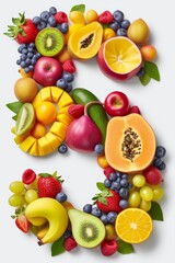 Vibrant number 5 made of colorful fruits and vegetables on clean white background