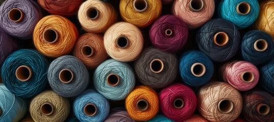 Vibrant cotton threads on textile fabric background, displaying an array of colorful shades