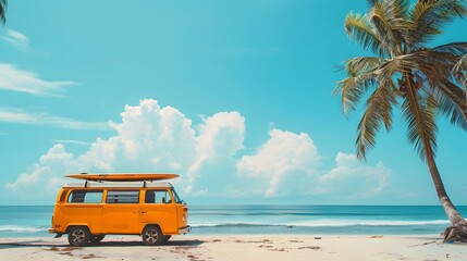 Camper surf van with surfboards and palm trees tropical beach with blue sky background. yellow retro bus, side view, big copy space. 