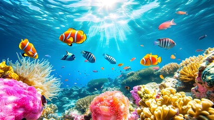 Fototapeta na wymiar Underwater world coral reef and fishes animals of the underwater sea world ecosystem colorful tropical fish life