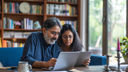 Middle age Indian couple managing finances, paying bills online at home - obrazy, fototapety, plakaty