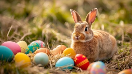 Fototapeta na wymiar Cute rabbit bunny sitting on the meadow next to colorful easter eggs