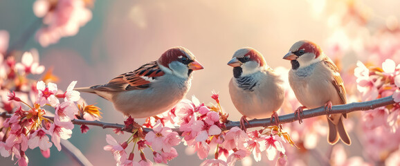 Small Winged Beauty in a Sunny Garden: Cute Male Sparrow perched on a Fragrant Apple Tree Branch