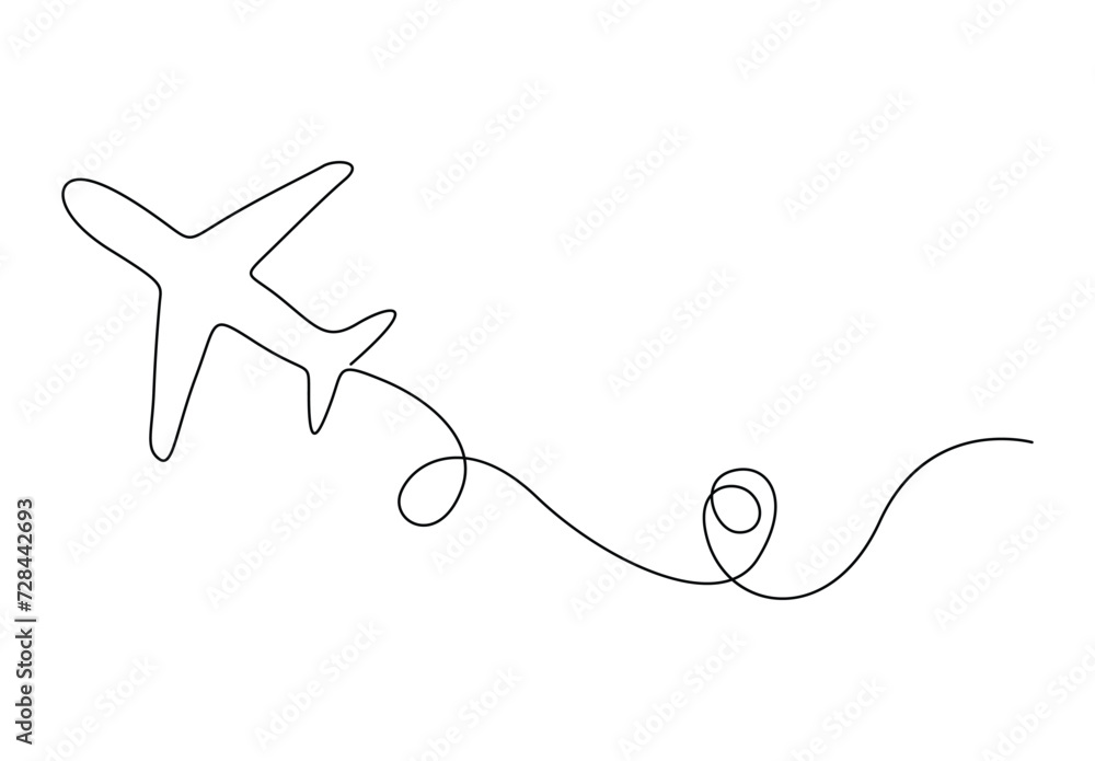 Poster continuous one line drawing of airplane line path. vector icon of airplane flight route with start p