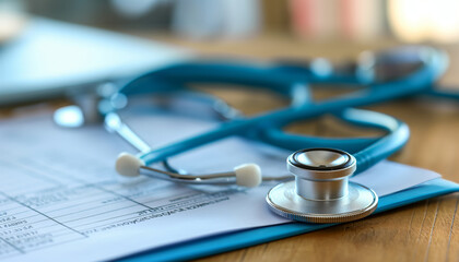 Medical Insurance Concept: Stethoscope on Report, Health Policy Assurance