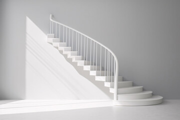 Floating White Staircase. 3D Rendering, Abstract Architecture, Surreal Illusion