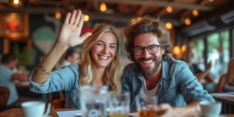 In a vibrant bar filled with smiles, laughter, and an array of beverages, capture the joyful moment as a happy co-worker shares high-fives and enjoys drinks with friends amidst a lively atmosphere.