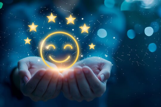 Experience excellent customer services happy smile, smiley face icon. Trustworthy support, top rated star ratings, positive feedback. Five star client service rating, customer success satisfaction.