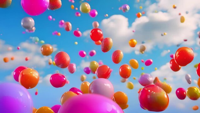 A group of jellybeans attempting a pyramid juggling act but the bottom jellybean sneezes sending all of them flying in different directions and resulting in a comical and