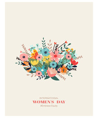 March 8, International Women's day card with flowers. Flat design.	
