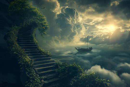 moonlit staircase in nature with boat on cloud lake