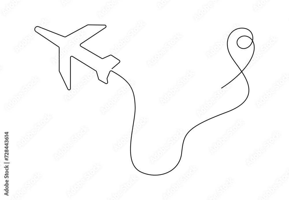 Poster continuous single line drawing of airplane path vector illustration. airplane route concept. premium